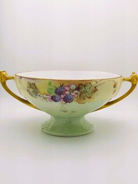 Antique MZ Austria Moritz Zdekauer Blackberry Floral Pedestal Bowl Gold Handles